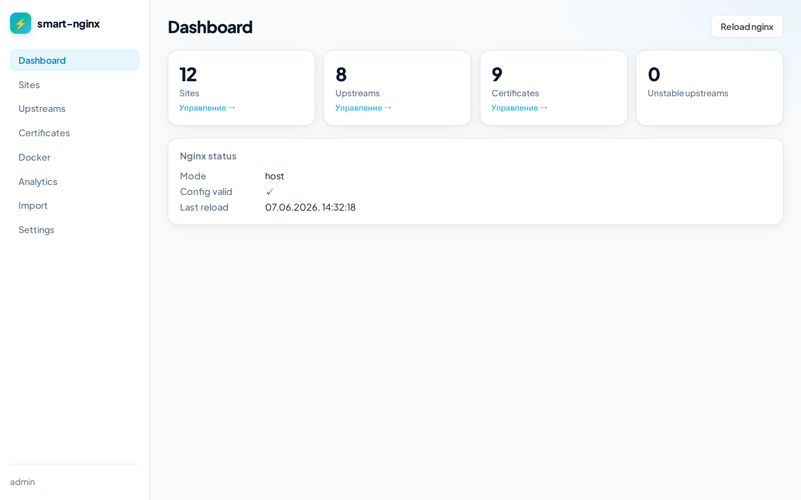 Обзор панели smart-nginx: количество сайтов, сертификатов и статус сервера